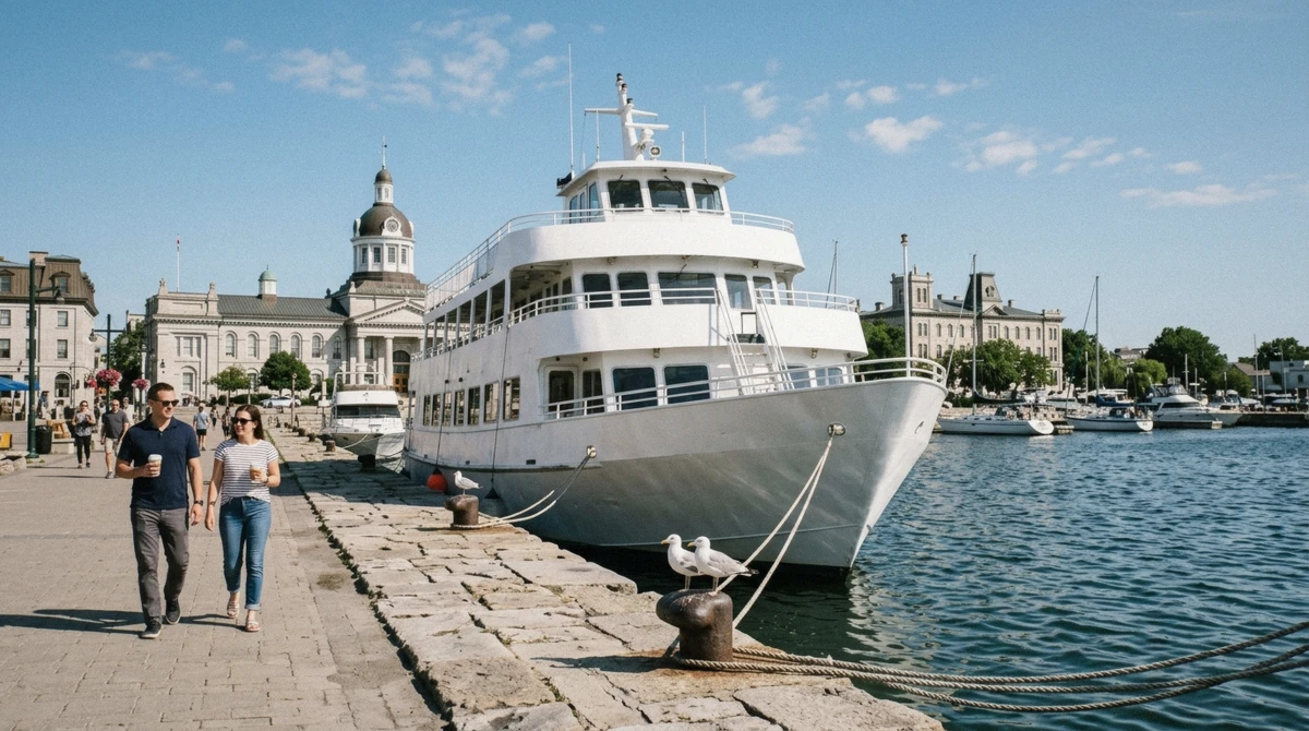 Sightseeing boat docked on the Kingston waterfront before a Kingston 1000 Islands cruise, Fort Henry visible across the water
