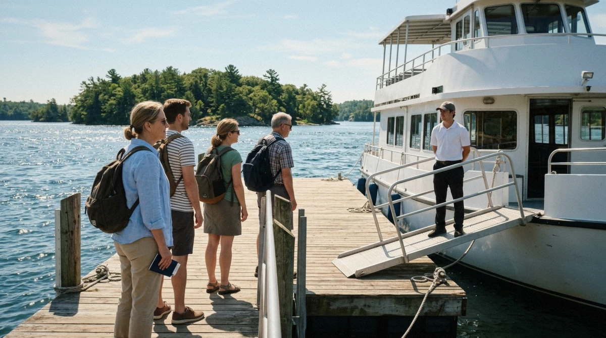 Passengers boarding a Thousand Islands cruise boat at the dock, the moment a 1000 islands cruise passport check would happen