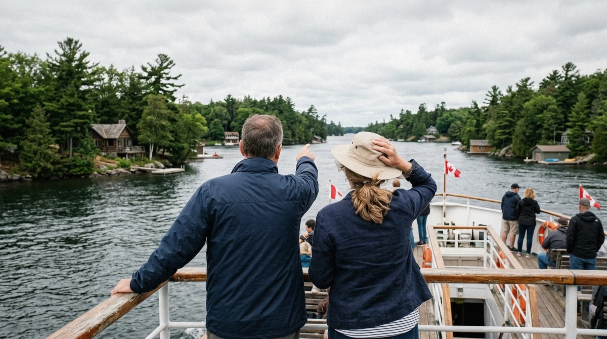 Passengers on the open upper deck during a 1000 islands cruise on the St. Lawrence River, forested islands and cottages passing on both sides